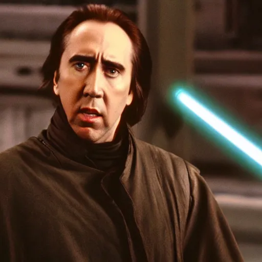 Prompt: Nicholas Cage as a Jedi Knight, cinematic, Kodak 2383 film