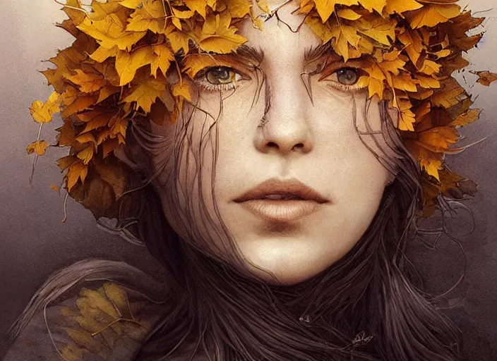 Image similar to golden leaves at frame border, creative!!! composition for a book cover!!!, absurdly beautiful, ultrafine hyperrealistic detailed old witch face by wlop and artgerm and greg rutkowski, intricate linework, sharp focus, smooth, octopath traveler, final fantasy, unreal engine, dramatic lighting, ethereal, 8 k