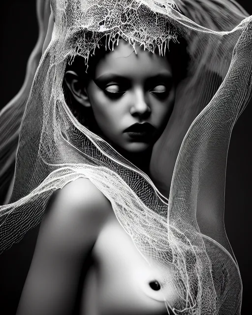 Image similar to surreal mythical dreamy dark artistic black and white fine art photo of a beautiful young female angel - mermaid - cyborg covered with translucent algae lace web, rim light, cinematic, studio dramatic light, poetic, octane render, 8 k, photo - realistic, by floria sigismondi