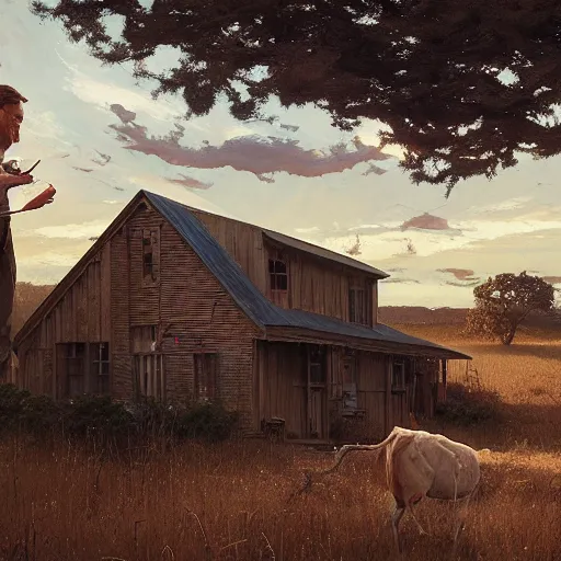 Prompt: sargent and leyendecker and greg hildebrandt, portrait of a texas ranch in the world of andrew wyeth, stephen bliss, unreal engine, fantasy art by greg rutkowski, loish, rhads, ferdinand knab, makoto shinkai, ilya kuvshinov, rossdraws, global illumination, radiant light, detailed and intricate environment