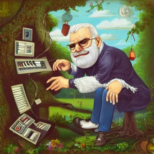 Image similar to old man white beard playing a synthesizer in a tree house, notes and clefs listening , lowbrow surrealistic, in the style of Mark Ryden,