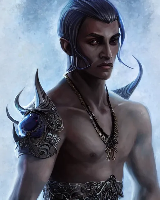 Prompt: a handsome noble male dark elf, obsidian skin, jewels, fantasy, intricate, elegant, highly detailed, digital painting, artstation, concept art, sharp focus, illustration