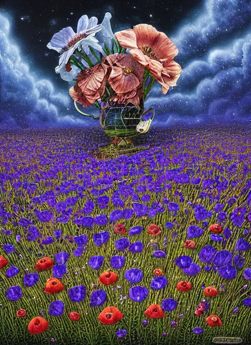 Image similar to detailed, intricate blue black and purple papaverum flower on the field, nebula, galaxy in the sky, winning award masterpiece, fantastically beautiful, illustration, aestheticly inspired, jacek yerka, upscale with anguissola sofonisba work, artstation, 8 k