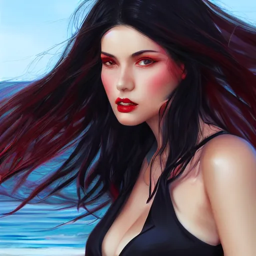 Image similar to woman with long dark black hair wearing red clothing standing by the beach, beautiful, 8k, highly detailed, realistic, artgerm, sakimichan, rutkowski, trending on artstation, perfect face, portrait, high contrast, golden light, dramatic lighting,