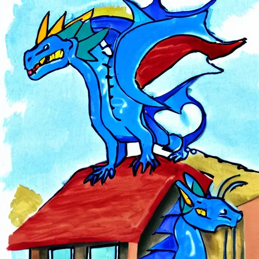 Prompt: children's cartoon of a blue dragon sitting on top of a suburban home at night