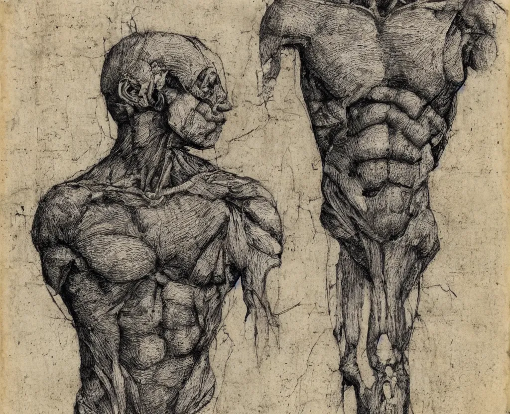 Image similar to ancient magical humanoid creature, torso and head, bust, musculature, diagram nature sketchbook, greys anatomy book, etching, intaglio, on old distressed parchment paper,