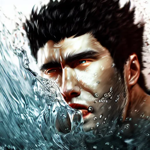 Image similar to photoshop photo edited painting photorealistic shockingly amazing portrait of guts from berserk submerged in water ,extremely detailed, made by wlop and maxwell boas