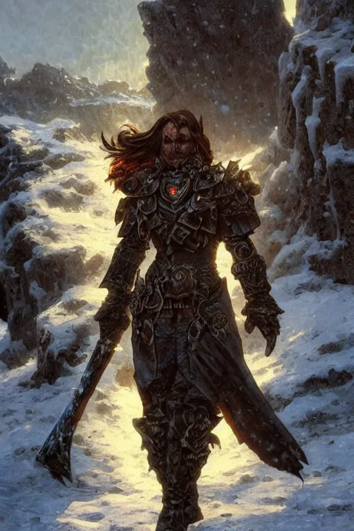 Image similar to a death knight in an icy landscape standing in front of the setting sun, close-up, backlight, intricate, highly detailed, artstation, concept art, illustration, sharp focus, art by ralph horsley and alphonse mucha