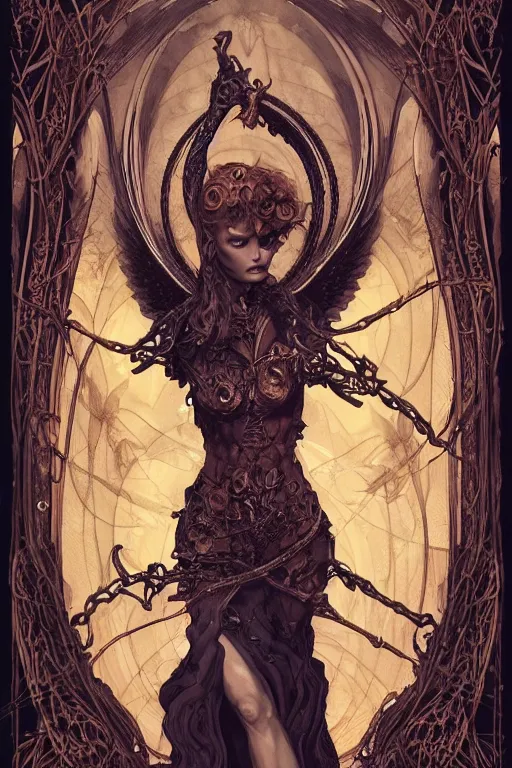 Prompt: a beautiful fallen angel, full body figure, 6 wings, in hell, surrounded by skeletons, by eve ventrue, michael carson, andreas rochas, john watkiss, caseyweldon, artgerm. art nouveau. tarot mucha. gloomhaven. swirl intricate lines background. vibrant colors, sharp edges. octane rendering