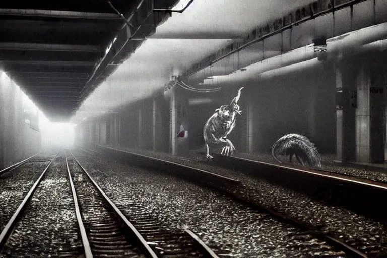 Image similar to very large giant mutant zombie irradiated ( angry rat ) staying on railways in tonnel of moscow subway. tonnel, railways, giant angry rat, furr, fangs, claws, very realistic. fog, extreme long shot, herman nitsch, giger.