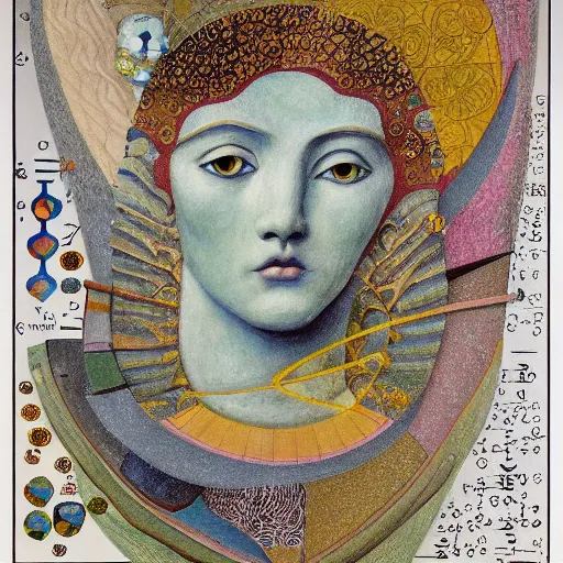 Image similar to complex mathematical equations surrounding small image of athena, inspired by bosch, klimt, klee, o'keefe. mathematical paradise, detailed beautiful animals, handwritten equation heaven, calligraphy formula, detailed beautiful plants, 3 d platonic solids, elegant intricate diagrams, beautiful equations, oil paint, color, hyperrealistic, detailed, on loan from louvre, masterpiece