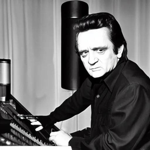 Image similar to Johnny Cash in the 1970's playing a Theremin, black and white photograph