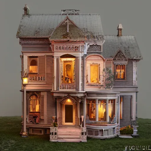 Prompt: photo of a Victorian dollhouse, outside view, extreme details, soft lighting, vivic colors, realistic octane render, 8k