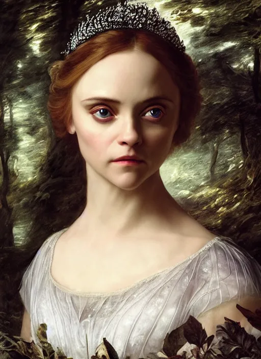 Image similar to Beautiful elsa, Looks like Christina Ricci, In the woods, Dramatic, Edge, Good, Infused, Backlight, De-Noise, VFX, insanely detailed and intricate, hypermaximalist, elegant, ornate, hyper realistic, super detailed, by Anthony Van Dyck, by Ivan Shishkin, by John Constable