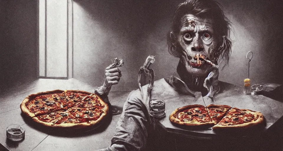 Prompt: willem dafoe eating pizza, by giger, stalenhag, beksinski, retro sci - fi movie, highly detailed, photorealistic, illustration, matte painting, 8 k, hd, trending on artstation