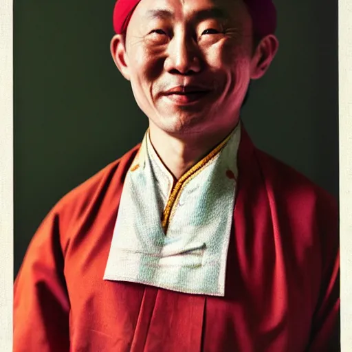 Image similar to realistic photography by araki nobuyoshi of wearing traditional ukrainian shirt designed by taras shevchenko. smiling kim chen in