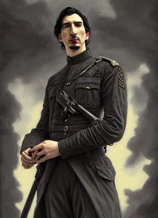 Image similar to painting of both john oliver and adam driver together, john oliver, adam driver, stoic, full body, military uniform, fantasy, intricate, elegant, beautiful, highly detailed, charcoal, centered, dark, smokey, digital painting, concept art, smooth, sharp focus, illustration, art by artgerm, art by greg rutkowski, art by alphonse mucha