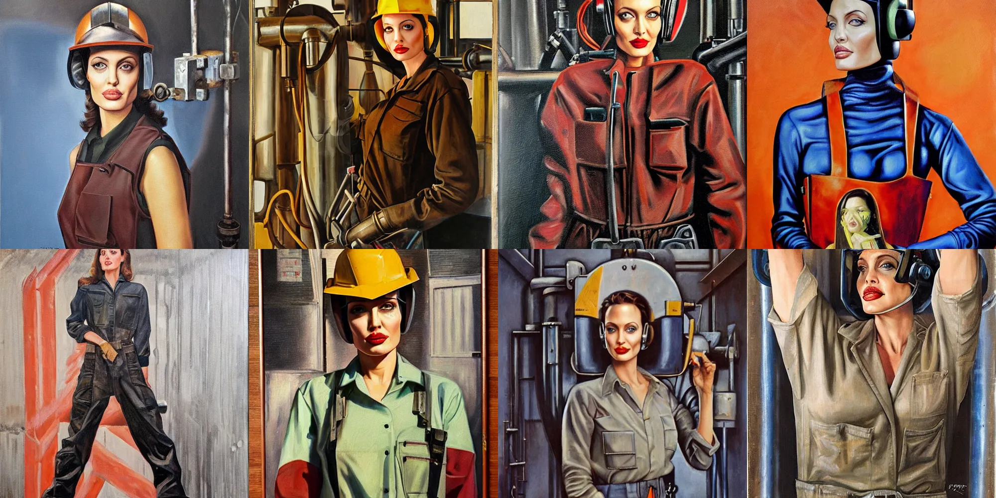 Prompt: symmetrical oil painting half - length portrait angelina jolie in steelworker welder costume by percevel rockwell - from 1 9 4 0 s