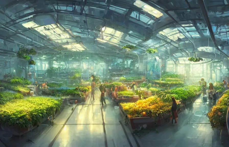 Prompt: concept art of a lush indoor hydroponics lab in a far - future utopian city, apples oranges pears fruit, key visual, ambient lighting, highly detailed, digital painting, artstation, concept art, sharp focus, by makoto shinkai and akihiko yoshida and hidari and wlop