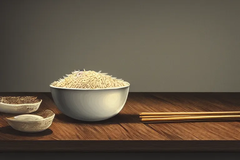 Prompt: a rat in a bowl with a few rice grains and broken chinese chopsticks, on a dirty table in poor apartments, dark atmosphere, digital art, very realistic