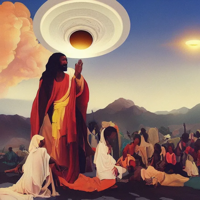 Prompt: UFO hovering over an African Jesus , painting by Hsiao-Ron Cheng,