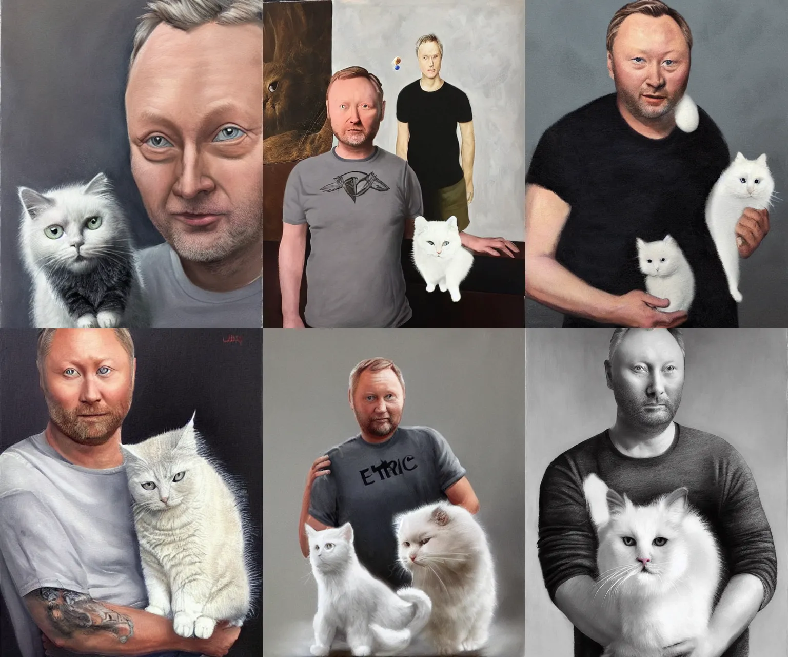 Prompt: a white man with dark grey hair that looks exactly like limmy wearing a grey tshirt standing beside his fluffy white cat, epic painting by James gurney