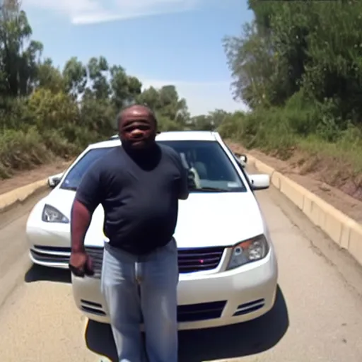 Prompt: dash cam footage of an african - american dwarf wearing a white vest standing near the car and looking into the camera, dash cam footage, trending youtube video
