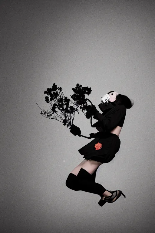 Image similar to a surreal portrait of a woman wearing gas mask diving into the ground of black flowers in the style of brooke didonato, editorial fashion photography from vogue magazine, full shot, nikon d 8 1 0, ƒ / 2. 5, focal length : 8 5. 0 mm, exposure time : 1 / 8 0 0, iso : 2 0 0