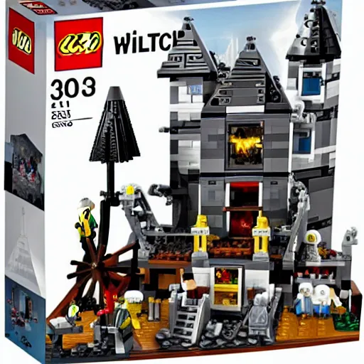 Image similar to Salem witch trial Lego set, burn the witch, witch burning, large Lego set box