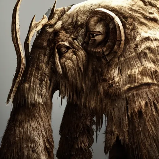 Image similar to hyperrealistic mixed media image of mammoth tusk and mammoth hide armor from skyrim, stunning 3 d render inspired art by greg rutkowski and xiang duan and thomas eakes, perfect facial symmetry, flesh texture, realistic, highly detailed attributes and atmosphere, dim volumetric cinematic lighting, 8 k octane detailed render, post - processing, masterpiece,