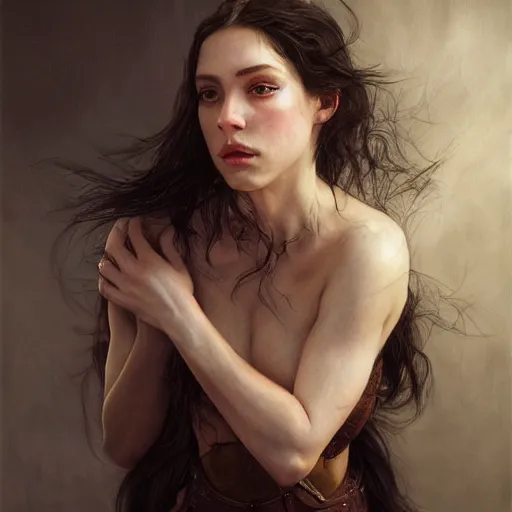 Image similar to of a beautiful brunette women intricate skin, fur, silicone cover, elegant, peaceful, full body, hyper realistic, extremely detailed, dnd character art portrait, fantasy art, intricate fantasy painting, dramatic lighting, vivid colors, deviant art, artstation, by edgar maxence and caravaggio and michael whelan and delacroix