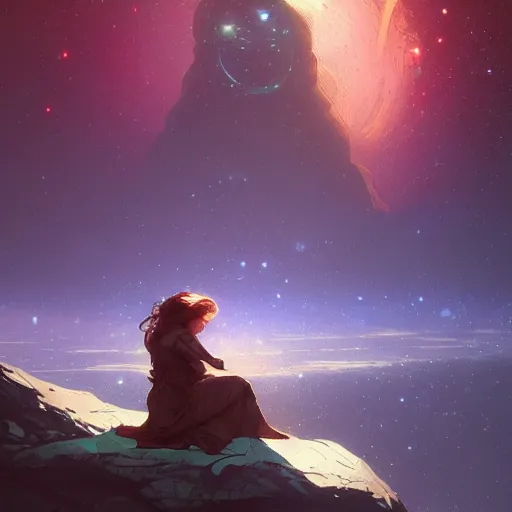 Prompt: A lonely woman sitting on a rock floating in space, stars, cosmic, science fiction, intricate, highly detailed, digital painting, artstation, concept art, sharp focus, cinematic lighting, illustration, greg rutkowski, alphonse mucha, cgsociety