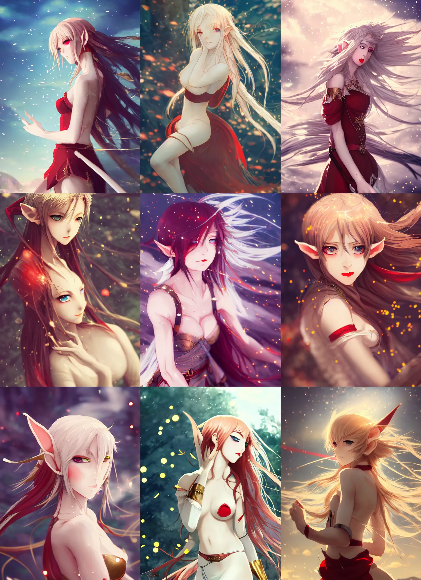 Prompt: renaissance anime brave elf girl with white skin, wide golden eyes and red lips, hair blowing the wind, trending art, fashion photography, centered, hyper detailed, bokeh, studio glibly makoto shinkai, wlop