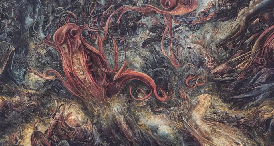 Image similar to ultra detailed render of giant squid attacks city, low angle, tentacles, fire, smoke, debris, crumbling, octane render, 8 k, dramatic lighting, by nychos, by umberto boccioni, by dan hillier, by h. r. giger