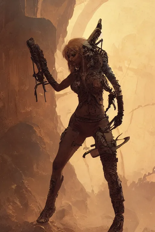 Image similar to a full body portrait of a beautiful post apocalyptic offworld nordic bounty hunter dancing reposed by the magma pits, intricate, elegant, highly detailed, digital painting, artstation, concept art, smooth, sharp focus, illustration, art by krenz cushart and artem demura and alphonse mucha