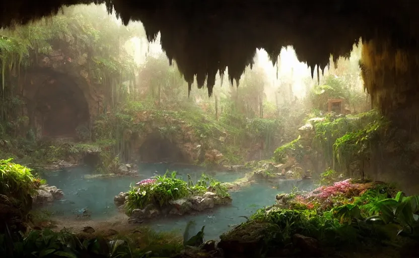 Image similar to painting of an interior of a hidden hotspring in a small cave, fantasy, lush plants and flowers, natural light, concept art, by greg rutkowski and craig mullins, cozy atmospheric and cinematic lighting, trending on artstation