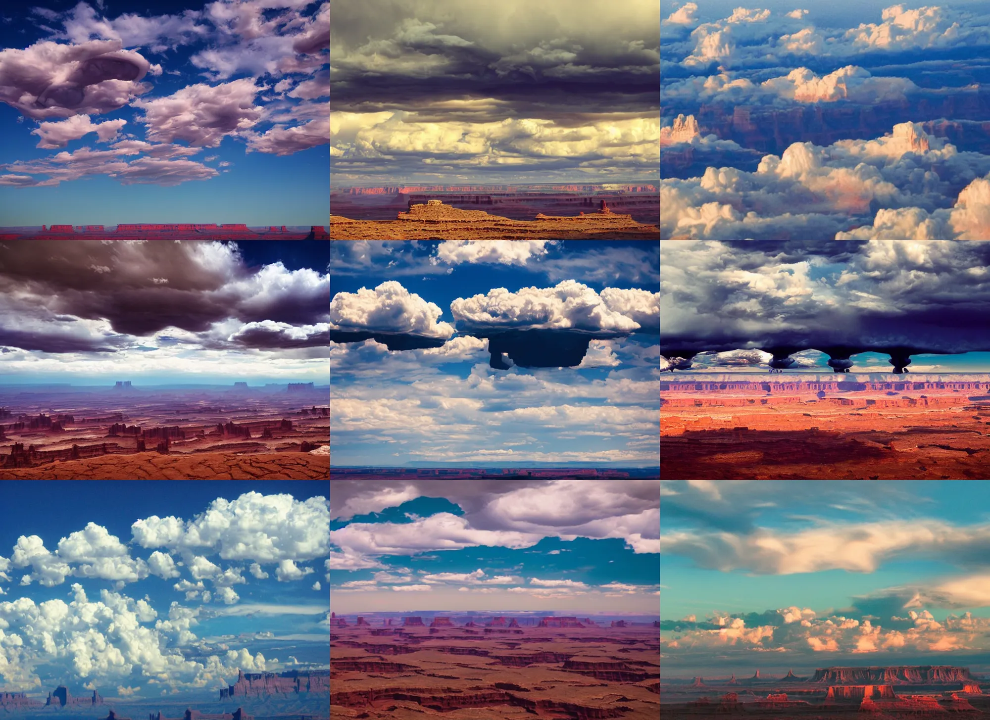 Prompt: a formation of clouds. the clouds are shaped like alien spaceships. over canyonlands. technicolor. cinematic