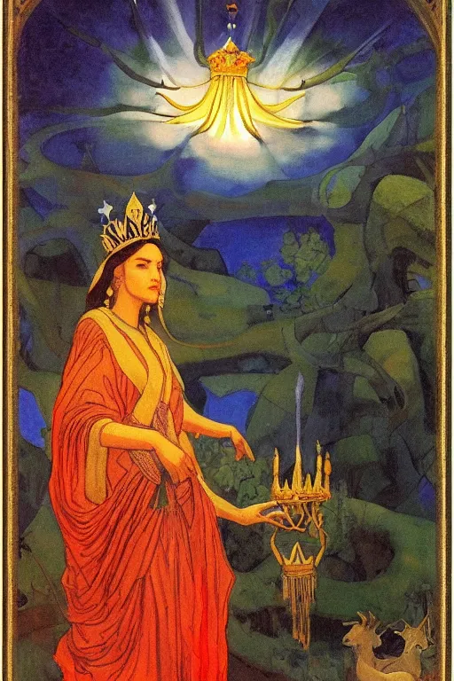 Image similar to lady of the forest with her crown and lantern, by Nicholas Roerich and Annie Swynnerton and Frederick Sandys, dramatic cinematic lighting , ornate headdress , flowing robes, sacred artifacts, lost civilizations, smooth, sharp focus, extremely detailed