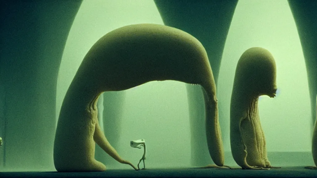 Prompt: the strange creature, made of milk and cheese, they look at me, film still from the movie directed by denis villeneuve and david cronenberg with art direction by salvador dali and zdzisław beksinski