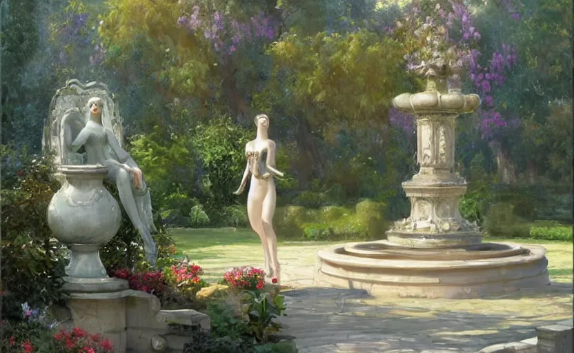 Prompt: The kneeling statue of a woman in a beautiful garden, next to a fountain and a mystical palace, and all this in a foggy and mysterious atmosphere. Fantasy and concept art by Konstantin Razumov.