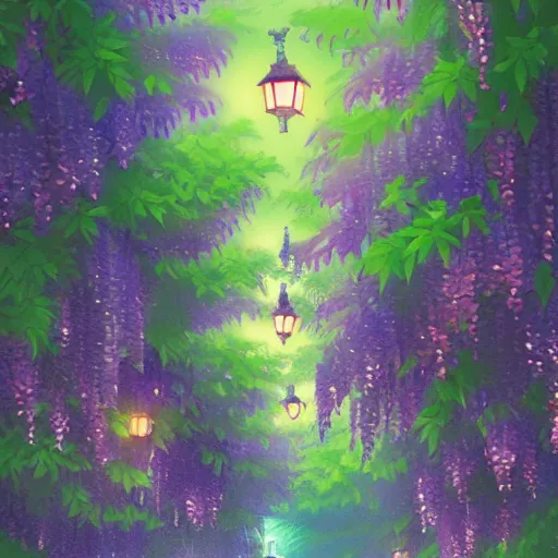 Image similar to japanese wisteria alley lanterns glow at night, vivid color, highly detailed, digital painting, artstation, concept art, matte, sharp focus, impressionnisme, art by james jean