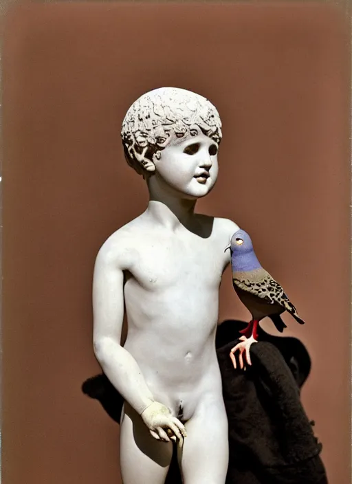 Image similar to realistic photo of a a boy with a pigeons, ancient greek sculpture realistic doll made of white detailed clay and black wooden brushwood, 1 9 6 0, life magazine photo, natural colors, metropolitan museum, kodak