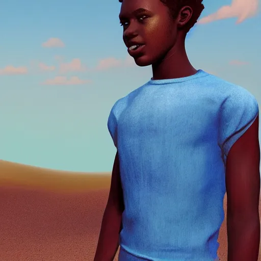 Prompt: [ african teen ]! with an [ afro, white tank top, and blue jeans ]!, matte painting!, afrofuturism! art style, trending on [ artstation ], award winning, intricate, [ full - body ]!, cgsociety contest winner, zbrush!, 3 d render