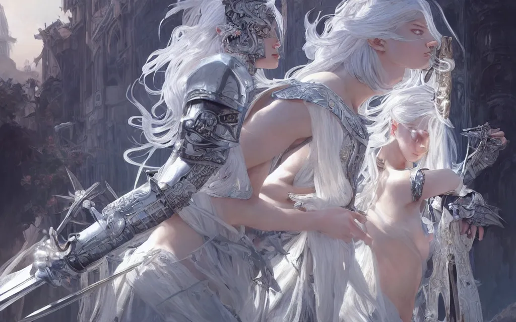 Prompt: white hair knights of zodiac girl, sliver ice color reflected armor, bushido fighting in ruined agora of athens sunrise, ssci - fi and fantasy, intricate and very very beautiful and elegant, highly detailed, digital painting, artstation, concept art, smooth and sharp focus, illustration, art by tian zi and wlop and alphonse mucha