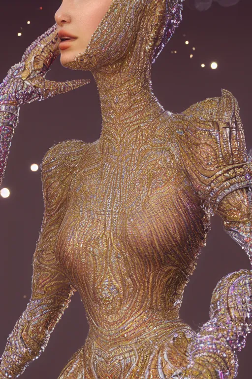 Image similar to a highly detailed metahuman 4 k close up render of an alien goddess bella hadid as shakti in iris van herpen dress schiaparelli in diamonds swarovski and jewelry in style of alphonse mucha gustav klimt trending on artstation made in unreal engine 4