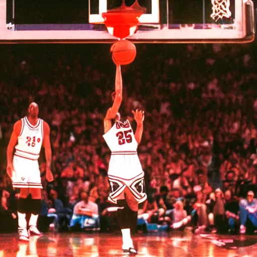 Prompt: film still of a llama in a jersey dunking a basketball like michael jordan, low angle, show from below, tilted frame, 3 5 °, dutch angle, extreme long shot, high detail, indoors, dramatic backlighting.