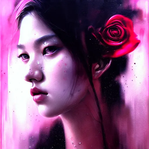 Image similar to rose of blackpink, hyperrealistic portrait, bladerunner street, by karol bak and agnes cecile, fantasy art, photo realistic, dynamic lighting, artstation, poster, volumetric lighting, very detailed face, intricate complexity, rule of thirds, 8 k, award winning