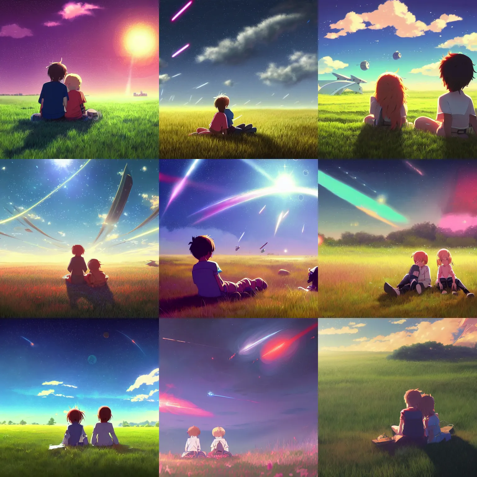 Prompt: beautiful, detailed digital painting of two children sitting on a grass field looking at a sky filled with hundreds of spaceships shooting many bright lasers, anime by Makoto Shinkai, trending on artstation