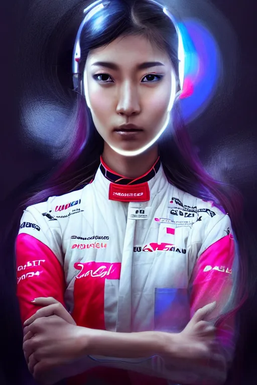 Prompt: portrait beautiful asian female formula one racer, wearing formula one racer uniform, at formula one racing car repair room, ssci-fi, fantasy, intricate, very very beautiful, elegant, human anatomy, neon light, highly detailed, digital painting, artstation, concept art, soft light, smooth, sharp focus, illustration, art and details by Brook Shaden