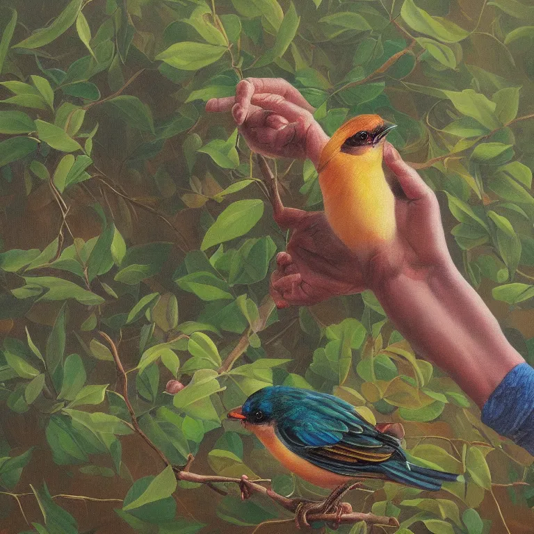 Image similar to a beautiful painting of a bird in hand is worth two in the bush, highly detailed, 8 k resolution